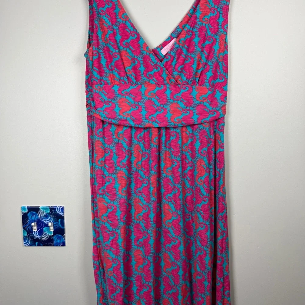 Lilly Pulitzer SLOANE Pink Blue Seahorse Print Maxi Dress Medium Cotton Nautical - Picture 4 of 10
